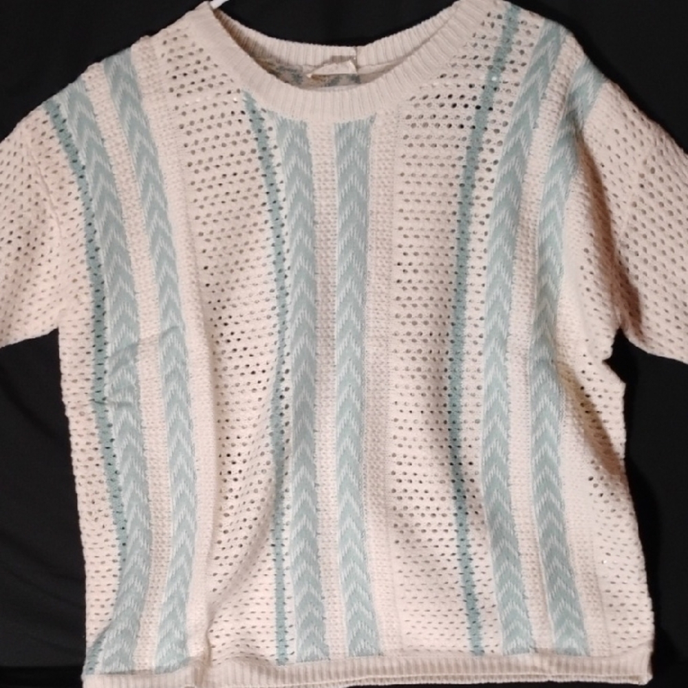 La Miel Coastal Knit Sweater Cream Blue Striped Oversized Lightweight Short Slee - Picture 4 of 8